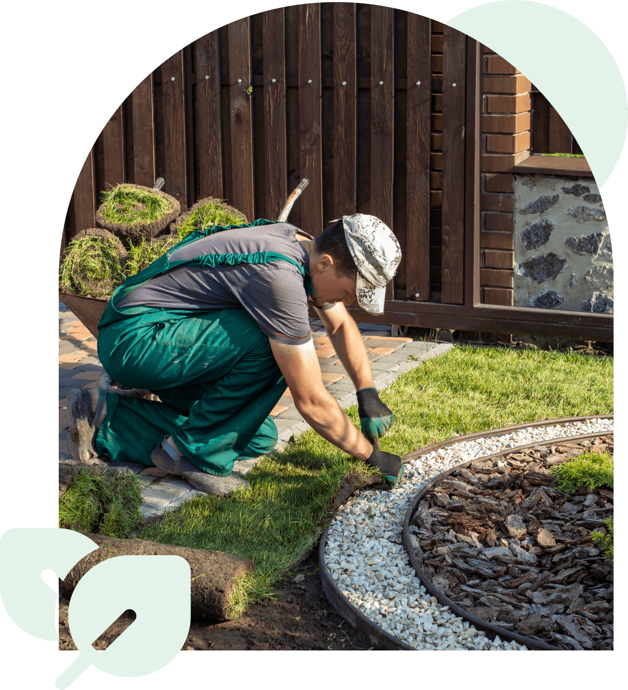 Landscaper installing sod and edging.